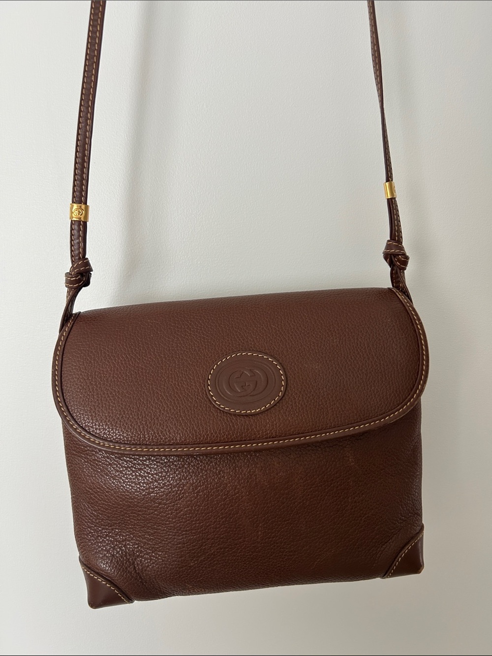 Gucci Dark Brown Pebbled Leather Crossbody Bag with Gold Accents